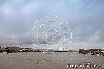 Winter Panorama of the estuary of the garonne river seen from Garonne quay Quais de la Garonne in bordeaux, France, with the old Stock Photo