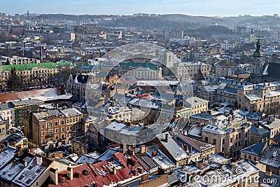 Winter panorama - landscape of Lvov in sunny day from tower Editorial Stock Photo