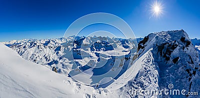 Winter panorama landscape from Mont Fort and famous Matterhorn, Dent d`Herens, Dents de Bouquetins, Weisshorn; Tete Blanche in th Stock Photo