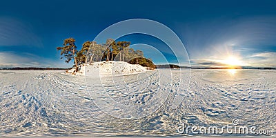 Winter panorama in the snow-covered forest near the river in nice sunny evening. Full spherical 360 by 180 degrees seamless Stock Photo
