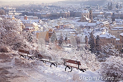 Winter panorama of snow covered Prague Mala Strana - Lesser Town Stock Photo