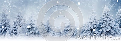 Winter panoramic banner background with snow-covered fir branches and snowfall flakes generative AI Stock Photo