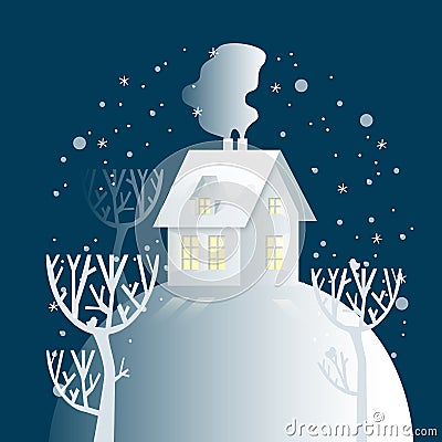 Winter paper art landscape. Night snowy little house with cozy g Vector Illustration