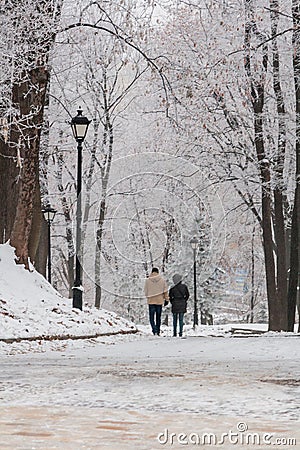 Winter park covered with snow and hoarfrost Stock Photo