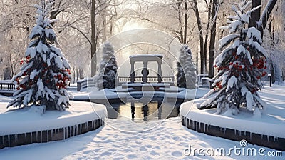 A Serene Winter Park with a Frozen Fountain Stock Photo
