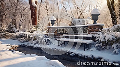 A Serene Winter Park with a Frozen Fountain Stock Photo