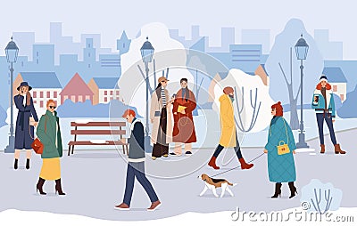 Winter park. Snow cityscape. Family walk outdoor. Ski season. People on nature activity. Snowman and snowdrift Vector Illustration