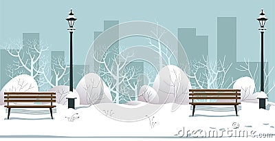 Winter park with street lamps and bushes covered with snow Vector Illustration