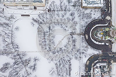 Winter park. Trees and paths top view, the picture taken on the quadcopter Stock Photo