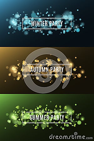 Winter party. Autumn party. Summer party. Background of multicolored lights. Glare bokeh. White, rectangular banners. Flying leave Cartoon Illustration