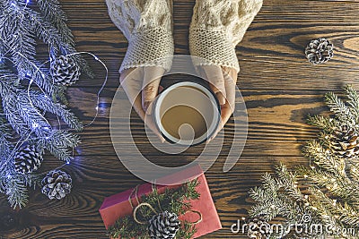 Winter party concept with hot chocolate, hands with cocoa cup on wooden table with christmas decorations, top view layout copy Stock Photo