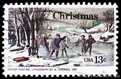 Winter Pasttime, by Nathaniel Currier, Christmas serie, circa 1976 Editorial Stock Photo