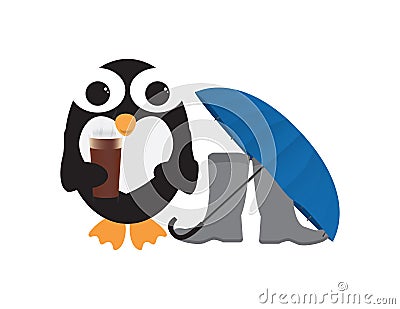 Cute Penguin holding glass with hot chocolate and standing near Gray wellies and Blue umbrella Vector Illustration