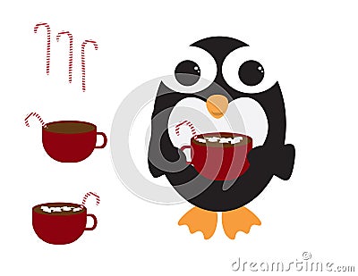 Cute Penguin holding Red mug with hot chocolate, marshmallows and Red White stripe candy cane, near Red mugs and Striped candy can Vector Illustration