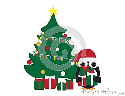 Cute Penguin wearing Red White Santa Christmas hat and holding gift box near decorated Christmas tree Vector Illustration