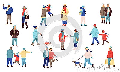 Winter people. Cartoon men and women wear casual warm clothes. Young or senior persons walking with dogs and children Vector Illustration