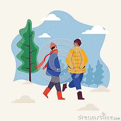 Winter people - couple walking in the snow Vector Illustration