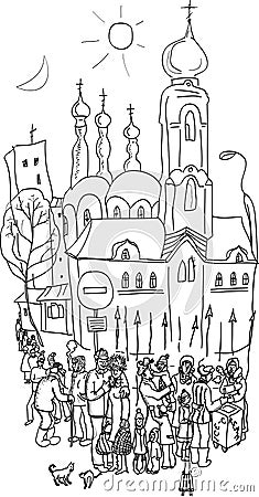 In winter, people in line for ice cream.A provincial town. Vector Illustration