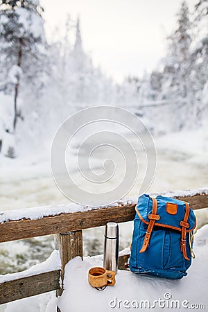 Winter picnic in snow covered forest Stock Photo