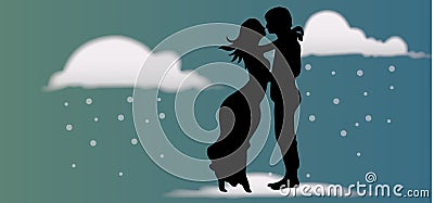 Winter pictures with couple silhouettes on a Valentine day vector Vector Illustration