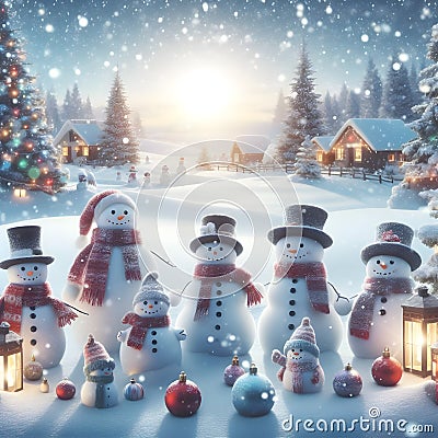 Many Snowmen Stand Tall, Creating a Charming Christmas Scene in the Snowy Landscape. Generative ai for illustrations Cartoon Illustration