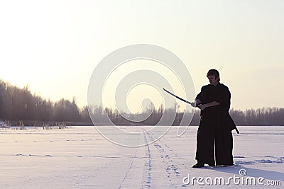 Winter portrait japanese ninja Stock Photo