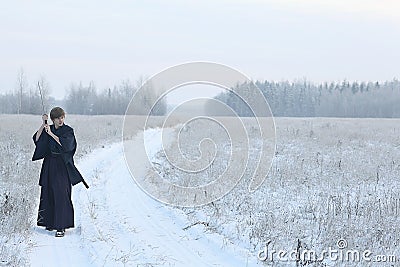 Winter portrait japanese ninja Stock Photo