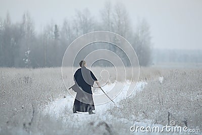 Winter portrait japanese ninja Stock Photo