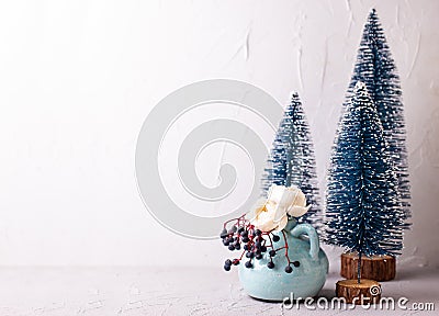 Winter postcard. Decorative Trees and flowers. Stock Photo