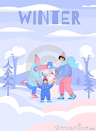 Winter poster with happy family building a snowman together. Vector Illustration