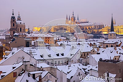 Winter in Prague - city panorama with St. Vitus Cathedral and St Stock Photo