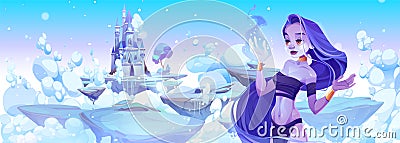 Winter queen looking at frozen castle on island Cartoon Illustration