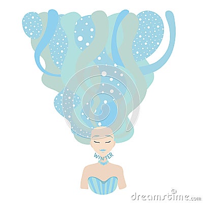 The winter queen, princess with blue hair full of snow and cold weather. Vector character. Vector Illustration