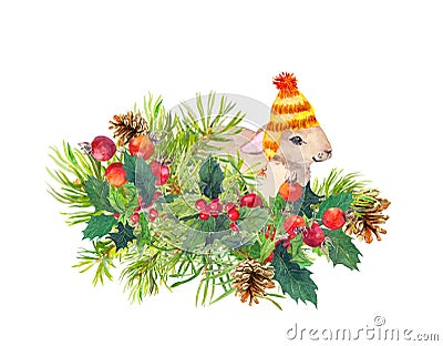 Winter rabbit, flowers, pine tree, mistletoe. Christmas watercolor for greeting card with cute animal Stock Photo