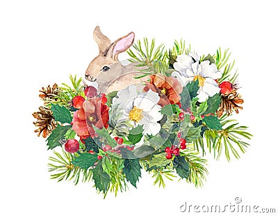 Winter rabbit, flowers, pine tree, mistletoe. Christmas watercolor for greeting card with cute animal Stock Photo
