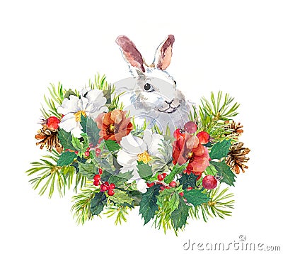 Winter rabbit, flowers, pine tree, mistletoe. Christmas watercolor for greeting card with cute animal Stock Photo