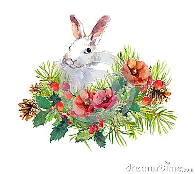 Winter rabbit, flowers, pine tree, mistletoe. Christmas watercolor for greeting card with cute animal Stock Photo