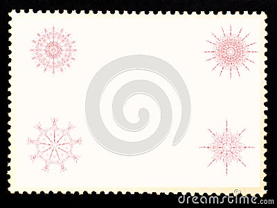 Winter red white Christmas, Happy New Year holiday background with snowflakes. Postage stamp revers Cartoon Illustration