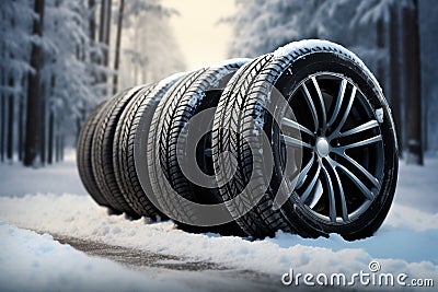 Winter resilience four black tires endure snowfall with steadfast grace Stock Photo