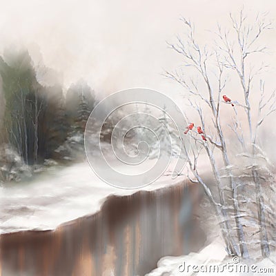 Winter river birds watercolor landscape in mist Stock Photo