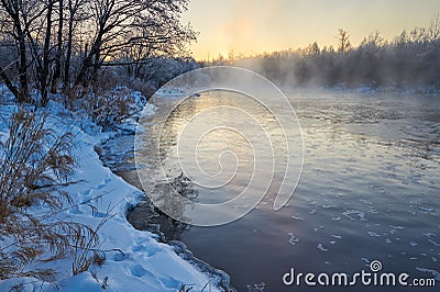 The winter river sunrise Stock Photo