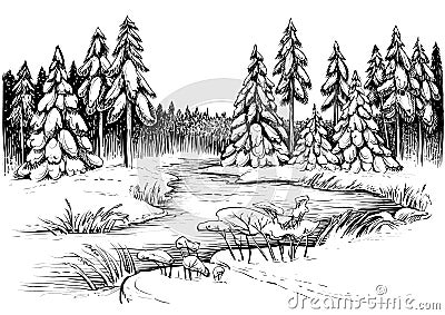 Winter river under ice and forest of snowy firs and pines. Vector drawing. Vector Illustration