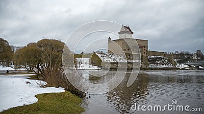 Winter on riverside in Estonia, Narva town. Stock Photo