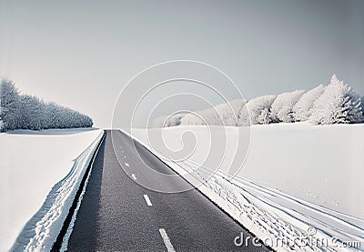 Winter road receding into the distance landscape. Wintertime weekend trip background Cartoon Illustration