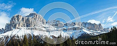 Winter rocky mountain panorama (Great Dolomites Road). Stock Photo