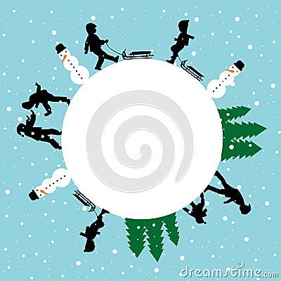 Winter round card with silhouettes of children playing Vector Illustration