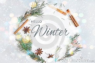 Winter round frame wreath composition. Fir branches, star anise, cinnamon on pastel blue background Stock Photo