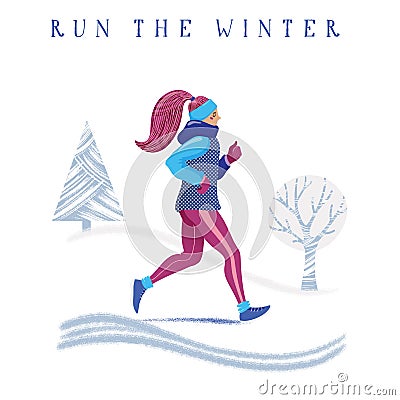 Winter running banner, young woman jogging in park Vector Illustration