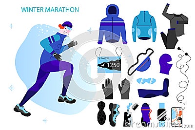 Winter running big set. Young athletic man doing jogging. Vector illustration in flat design style Vector Illustration