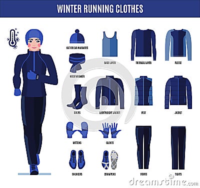 Winter running clothes set for man in flat style Vector Illustration